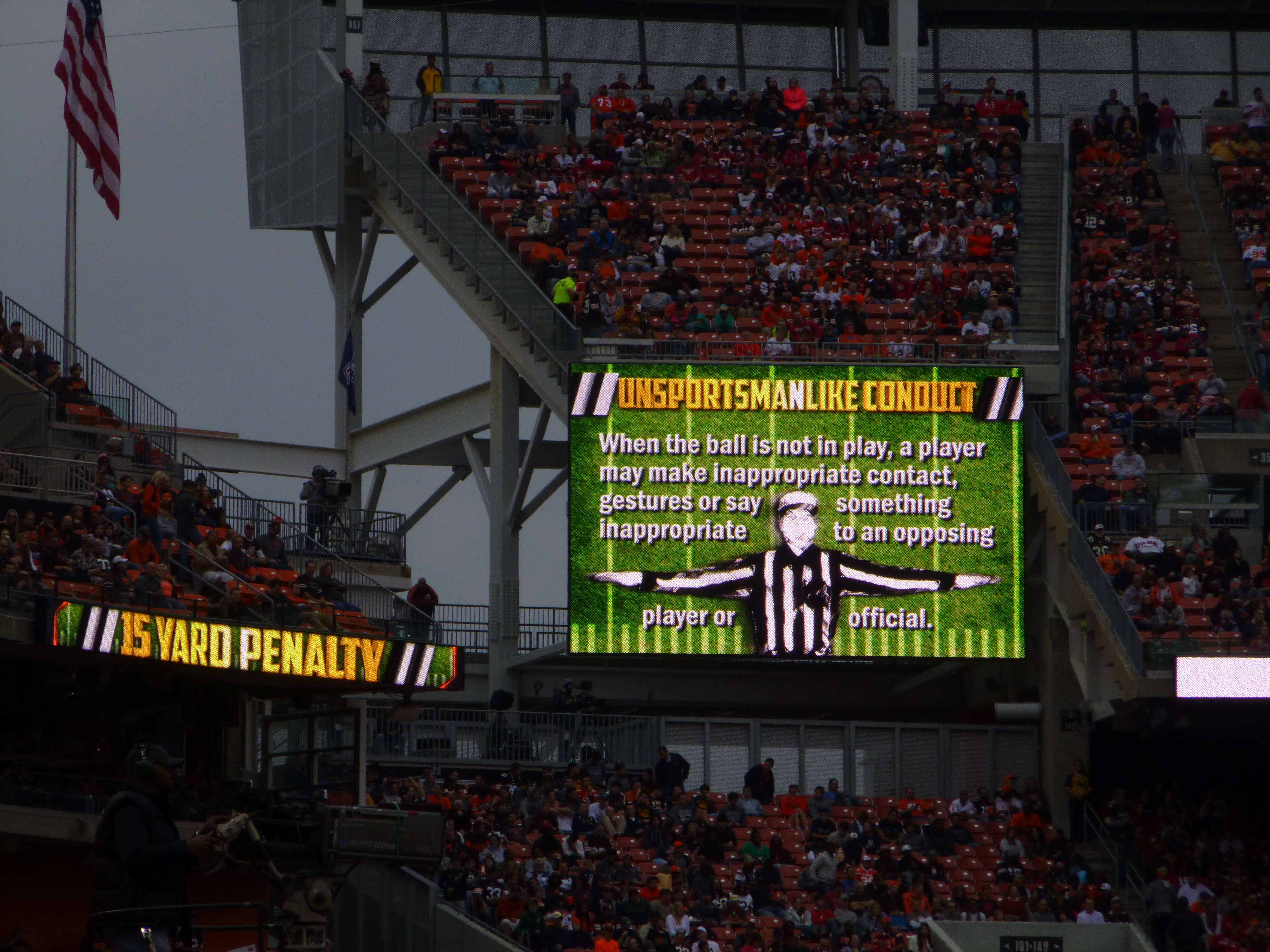 Browns fans stay informed with penalty descriptions on ancillary displays each time a flag is thrown.
