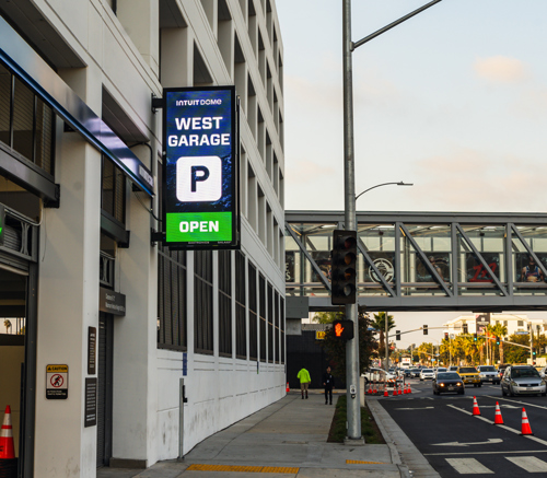 digital sign at parking garage entrance