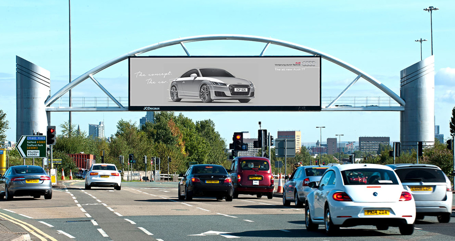 stunning digital billboard on architectural structure over busy roadway