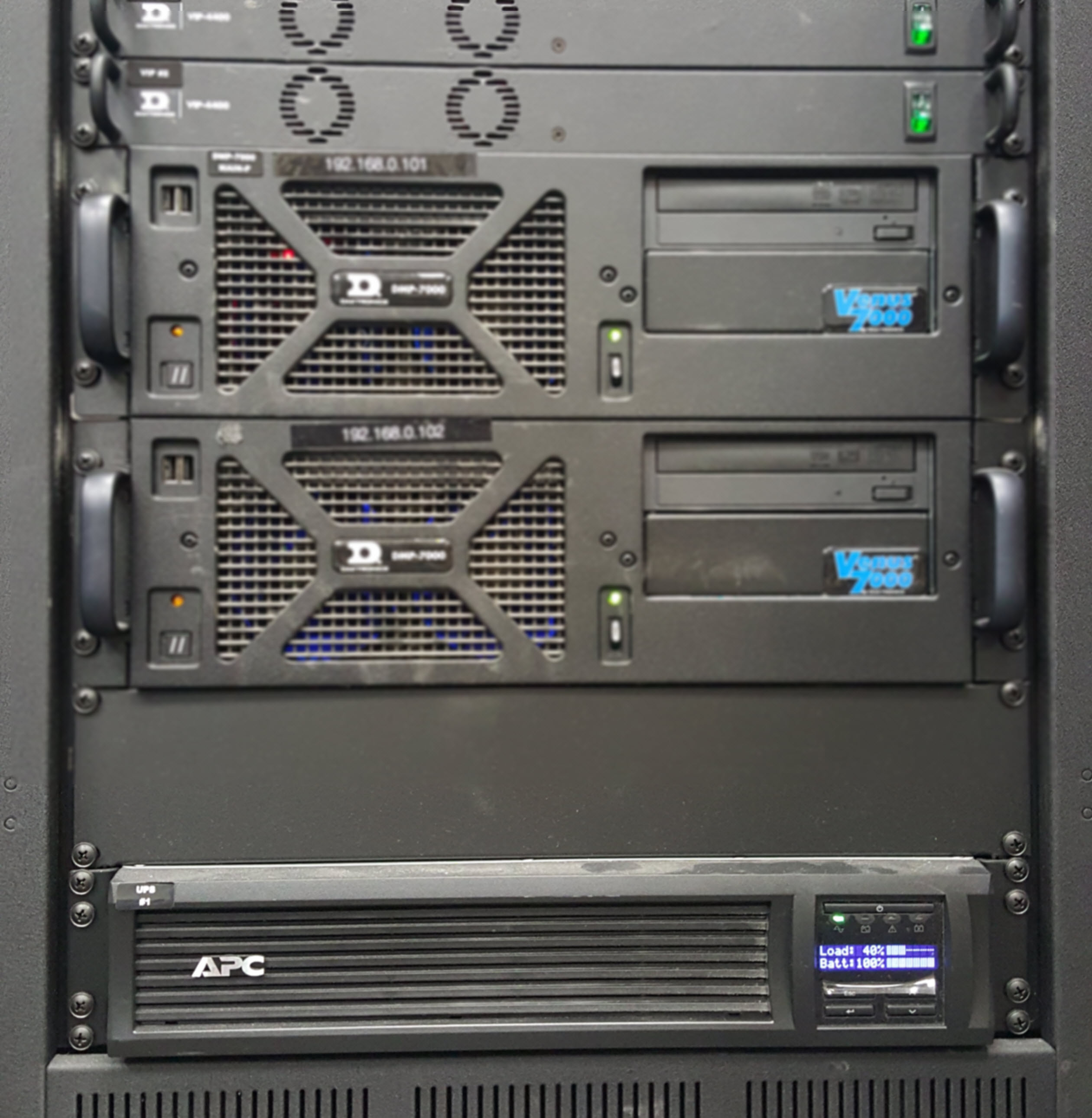 The UPS sits in the bottom of the rack and protects the above equipment. 