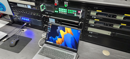 auditorium control room with laptop