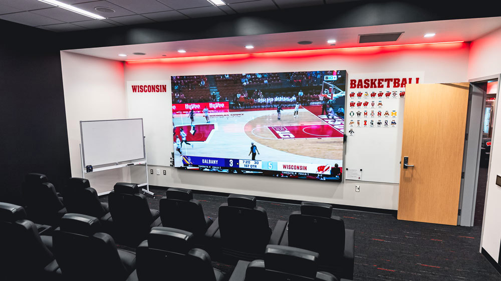 video wall in Wisconsin team film room