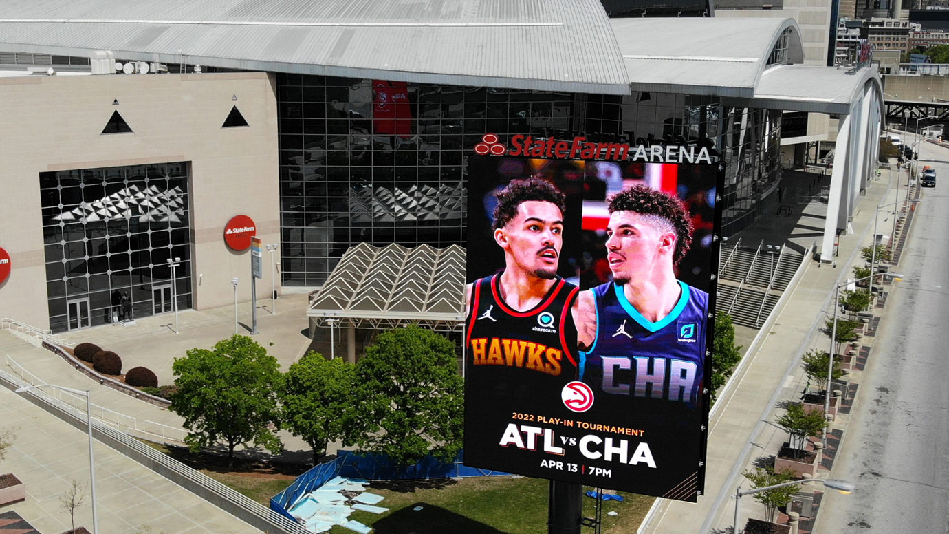 large LED marquee outside State Farm Arena 