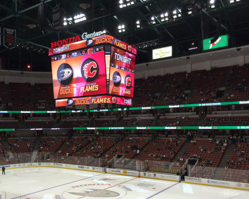 Centerhung video display in Honda Center hockey arena