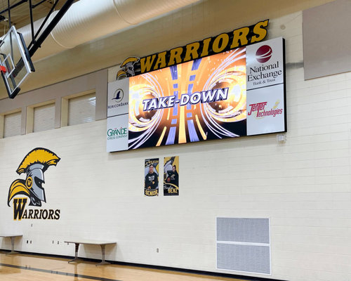 High School video board in gymnasium