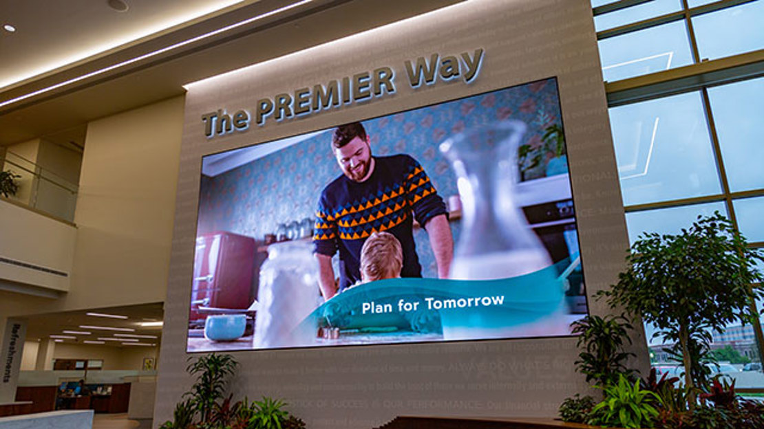 Video wall in First Premier Bank lobby