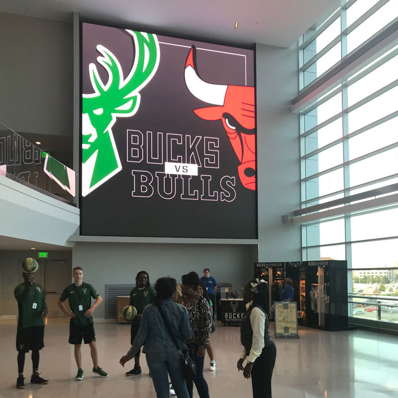 large format video in Fiserv Forum lobby