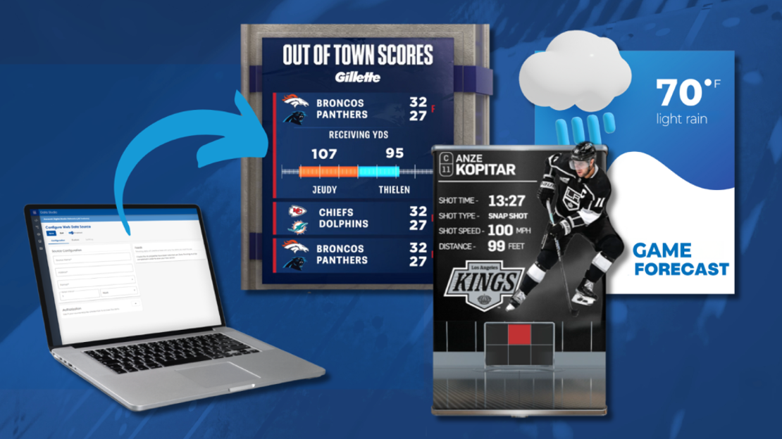 graphic showing data feeds populating content with live stats