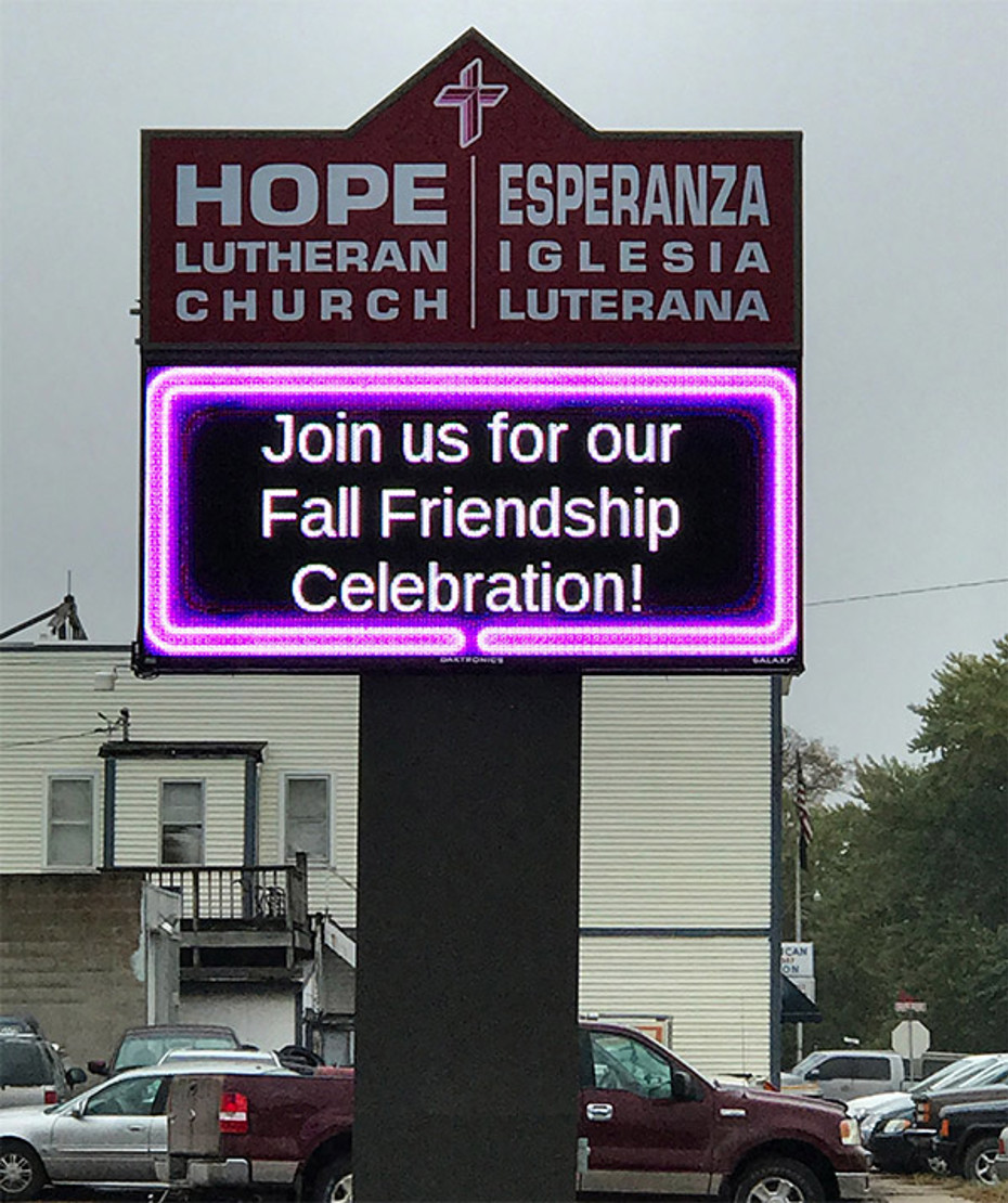 Bright LED sign at Hope Lutheran Church