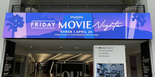 Video board along skywalk in mall