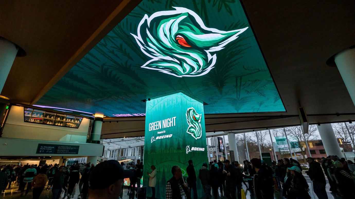 spectacular LED video in Climate Pledge Arena lobby