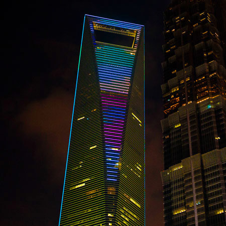 SWFC Building lighting up at night
